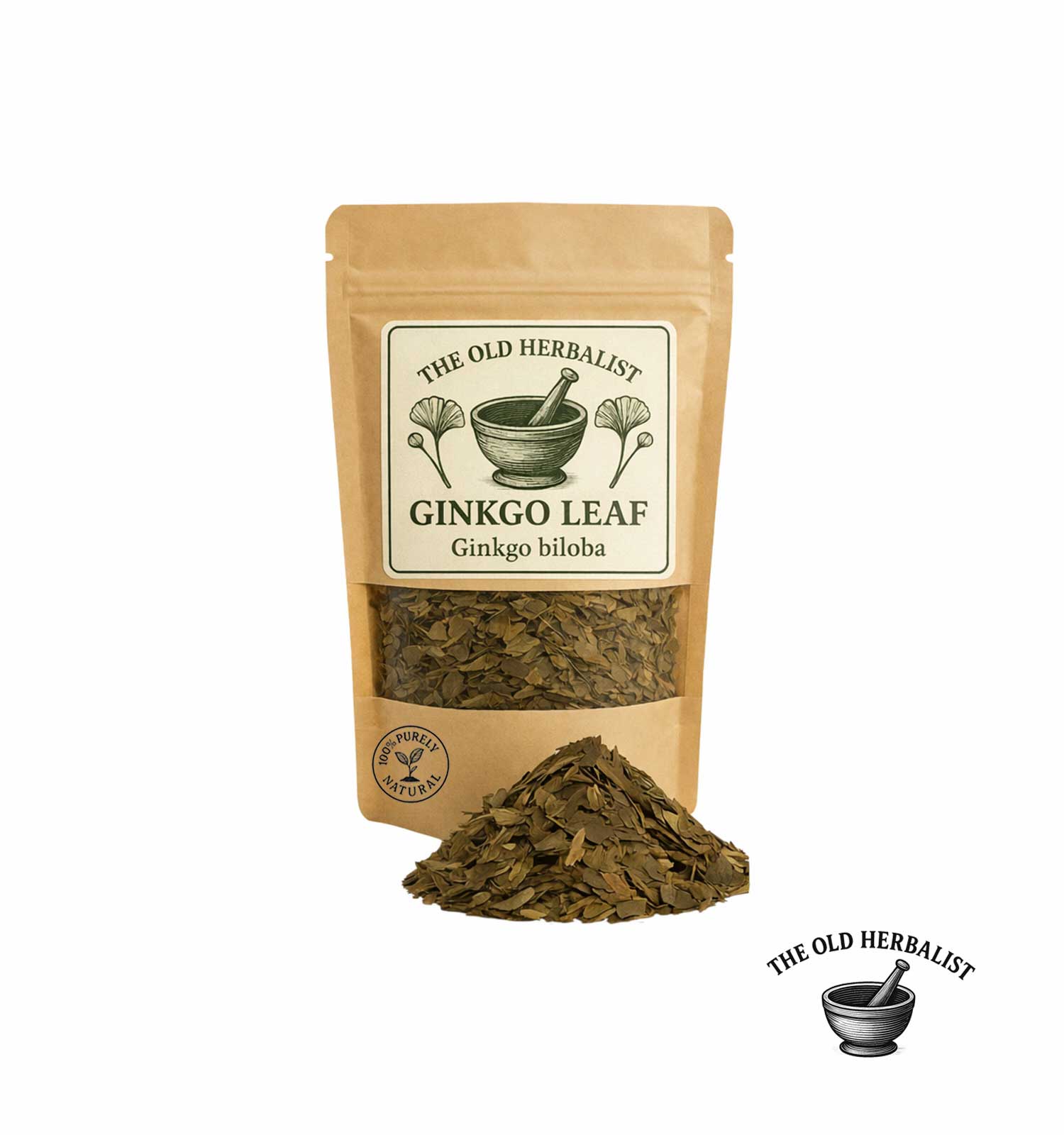Dried ginkgo biloba leaves in kraft pouch – herbal ingredient.
