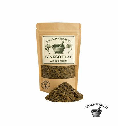 Dried ginkgo biloba leaves in kraft pouch – herbal ingredient.
