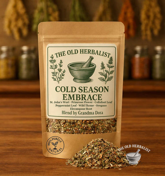 Cold Season Embrace loose leaf herbal tea blend in kraft pouch.