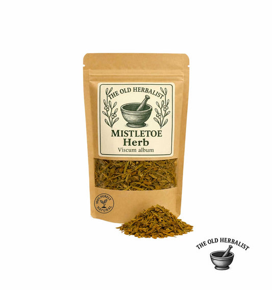 Dried mistletoe herb in kraft pouch – traditional herbal ingredient.