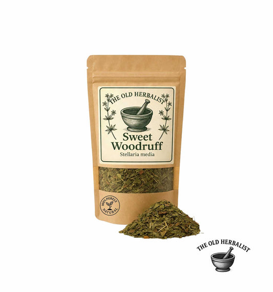 Dried sweet woodruff herb in kraft pouch – Stellaria media
