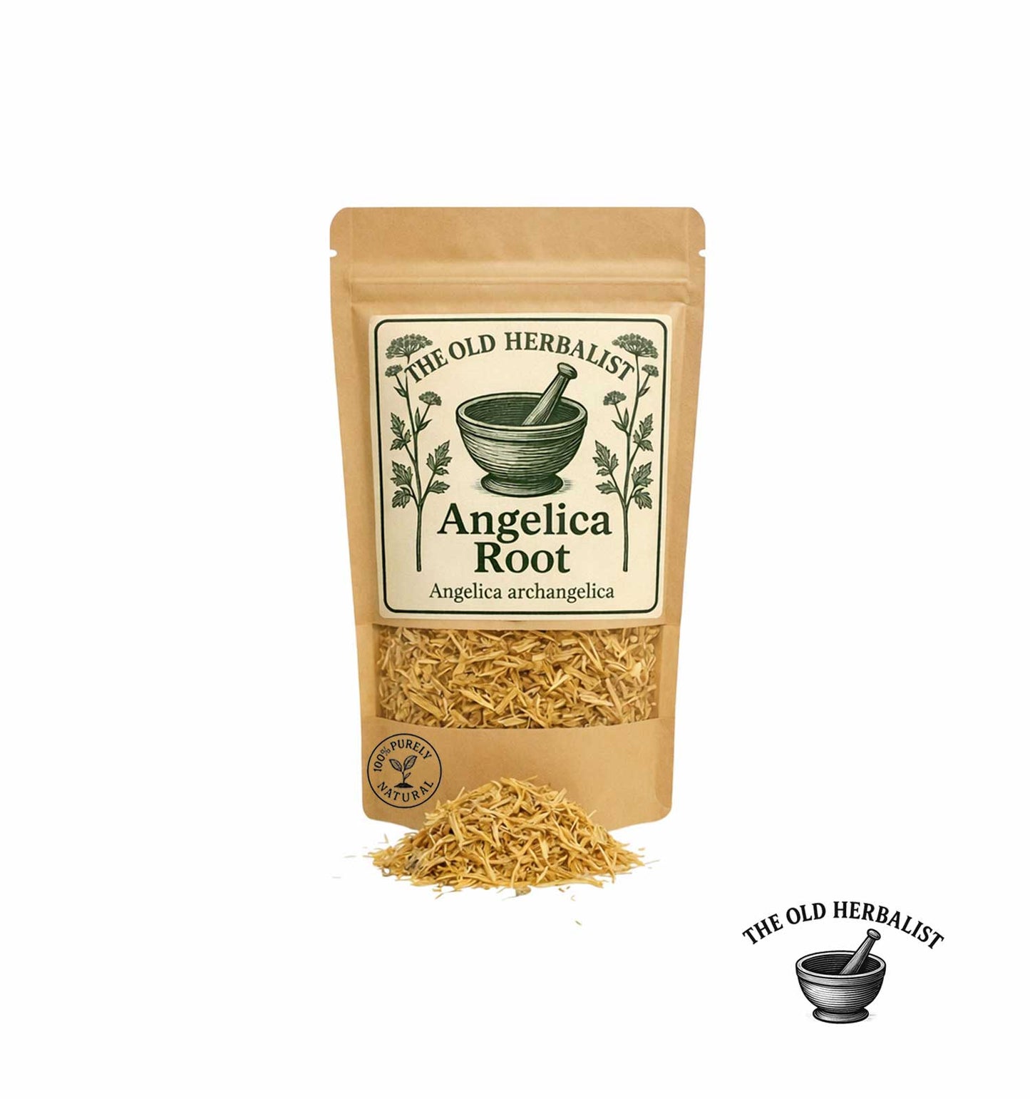 Dried angelica root in kraft pouch – herbal root ingredient.