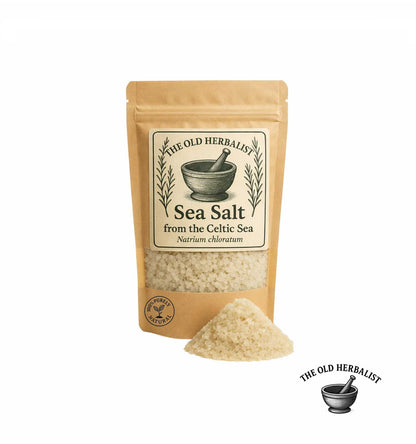Gray Celtic sea salt crystals in kraft pouch – natural Atlantic salt.
