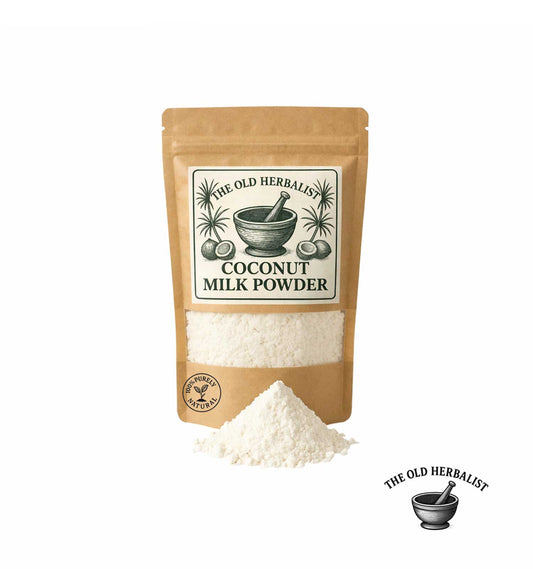 Coconut milk powder in kraft pouch with white powdered texture.
