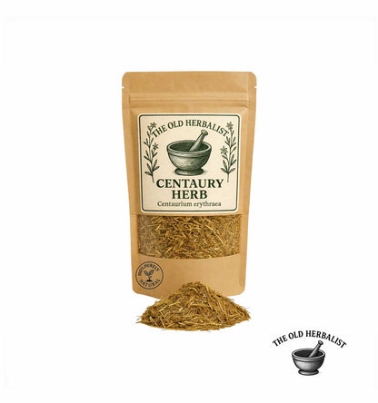 Dried centaury herb in kraft pouch – herbal tea ingredient.
