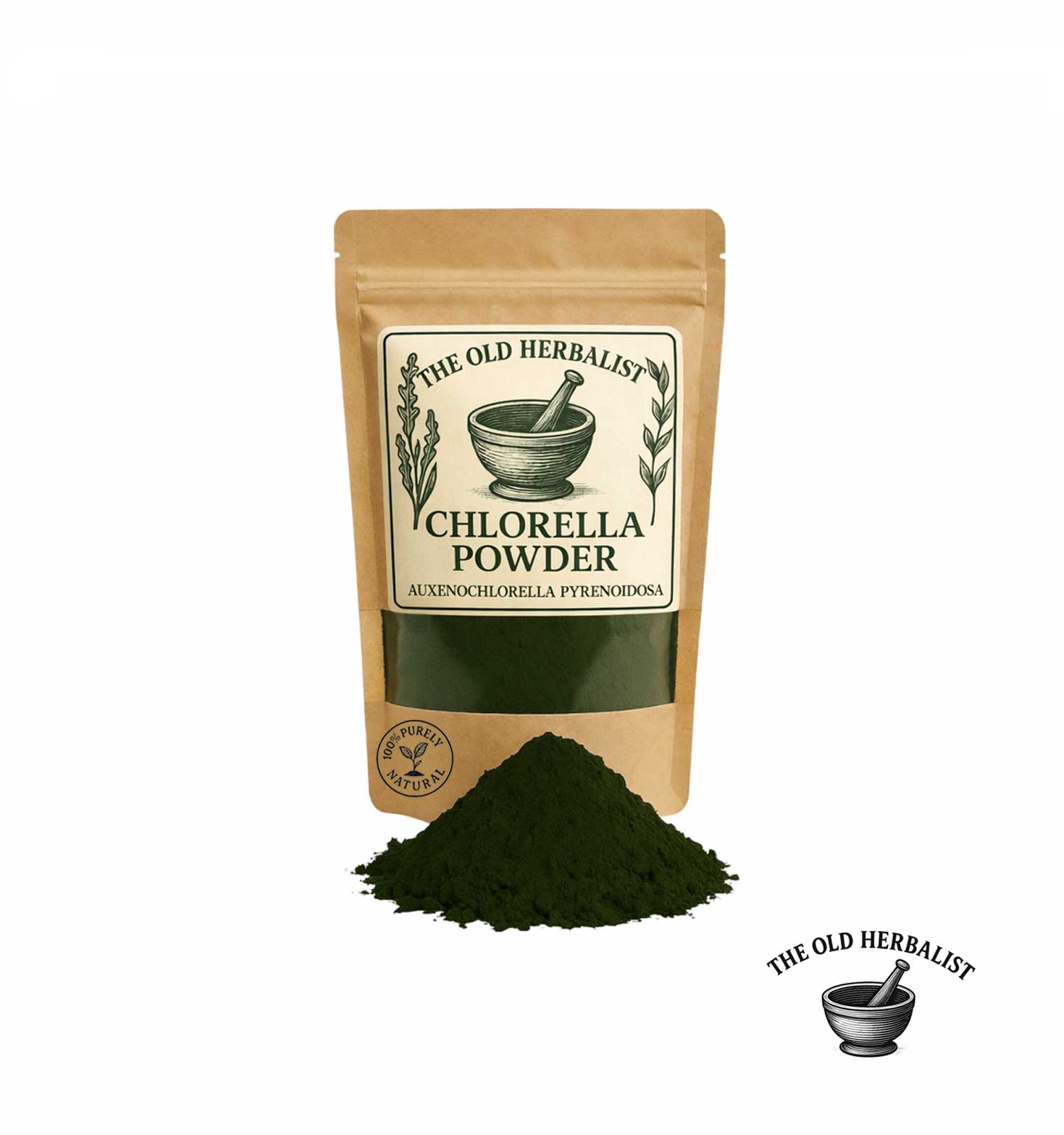 Chlorella powder in kraft pouch – natural green superfood.

