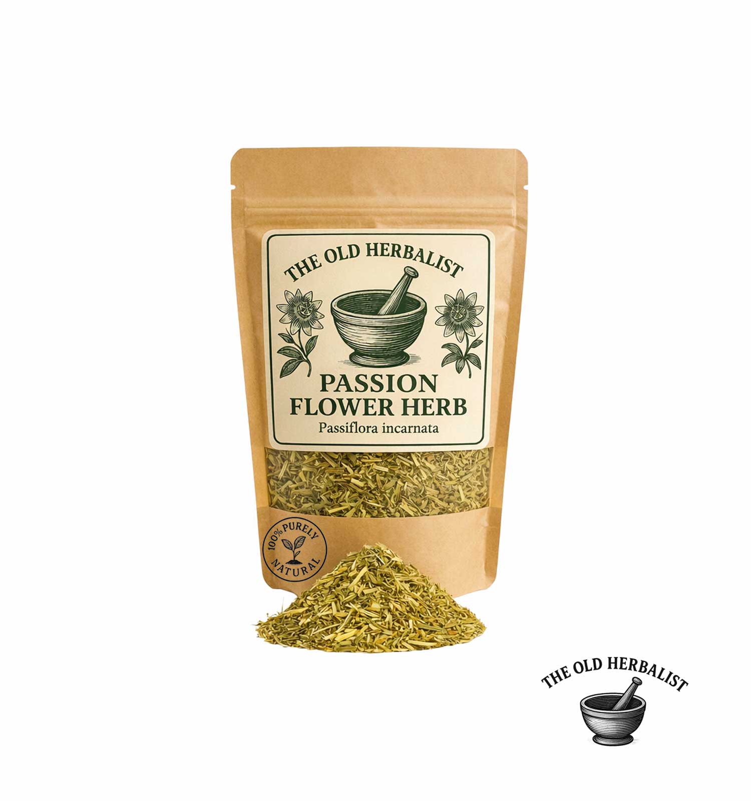 Dried passion flower herb in kraft pouch – herbal tea ingredient.