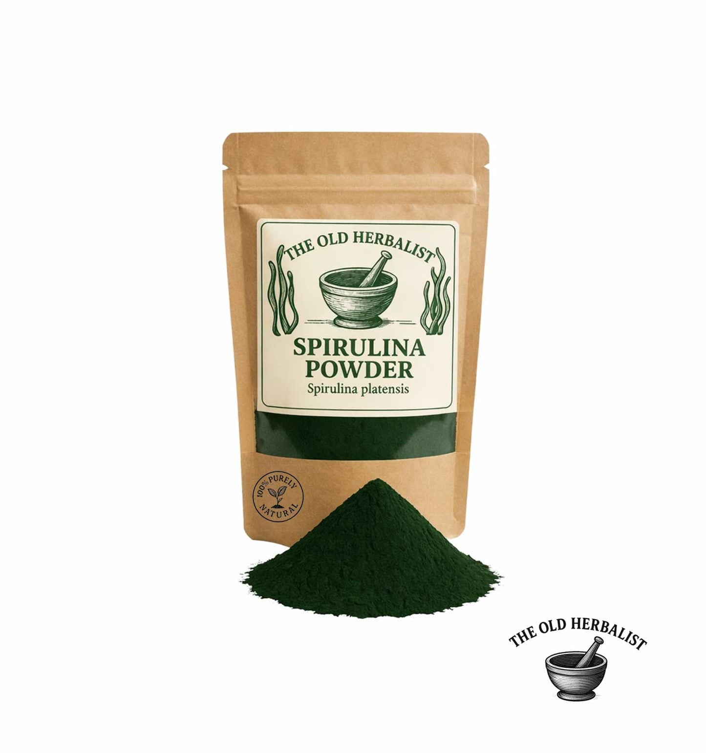 Dried spirulina powder in kraft pouch – herbal superfood ingredient.
