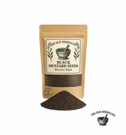 Black mustard seeds in kraft pouch – natural spice ingredient.
