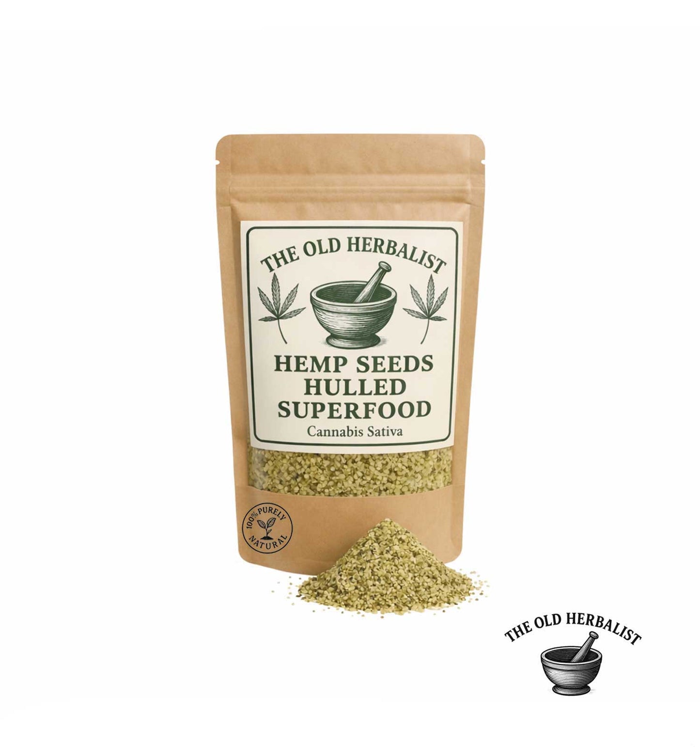 Hulled hemp seeds in kraft pouch – natural superfood ingredient.
