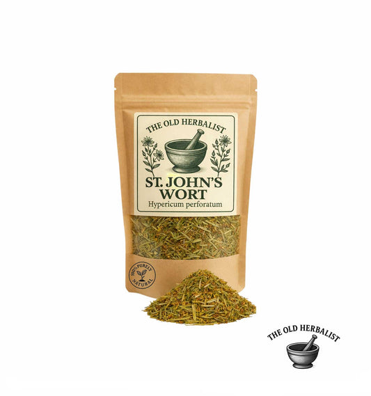 Dried St. John’s Wort herb in kraft pouch – premium herbal tea ingredient.