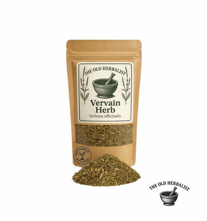 Dried vervain herb in kraft pouch – herbal tea ingredient.