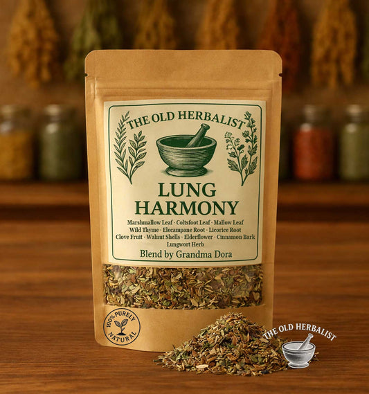 Lung Harmony loose leaf herbal tea blend in kraft pouch.
