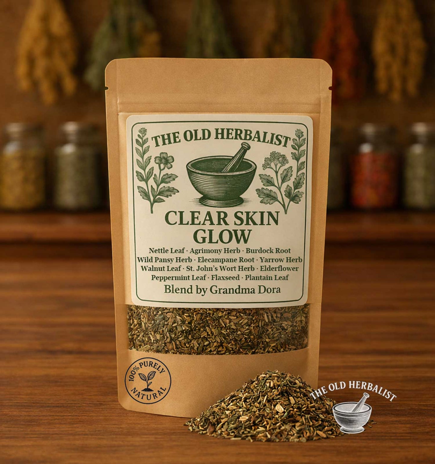 Clear Skin Glow herbal tea blend in kraft pouch for skin wellness rituals.
