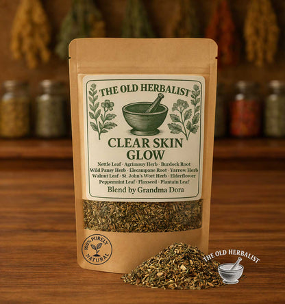Clear Skin Glow herbal tea blend in kraft pouch for skin wellness rituals.
