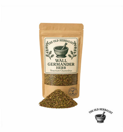 Dried wall germander herb in kraft pouch – traditional herbal ingredient.
