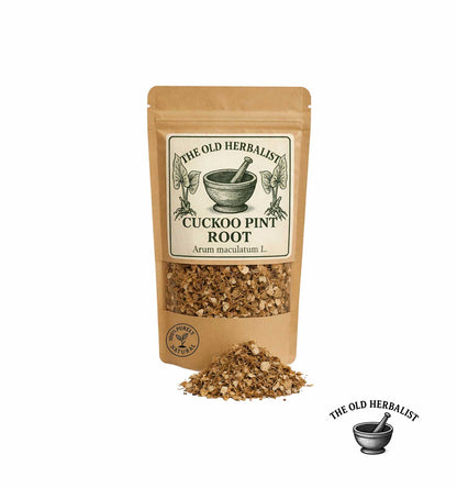 Dried cuckoo pint root in kraft pouch – traditional herbal root.
