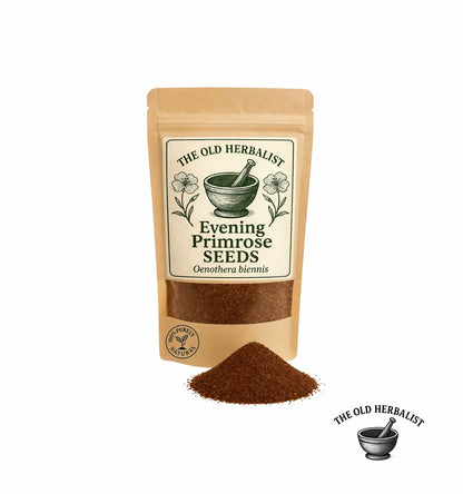 Evening primrose seeds in kraft pouch – natural herbal ingredient.
