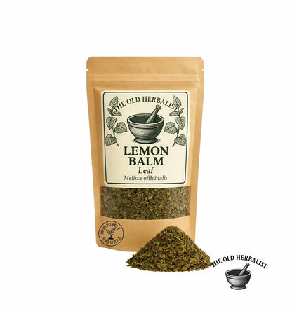 Dried lemon balm leaves in kraft pouch – herbal tea ingredient.