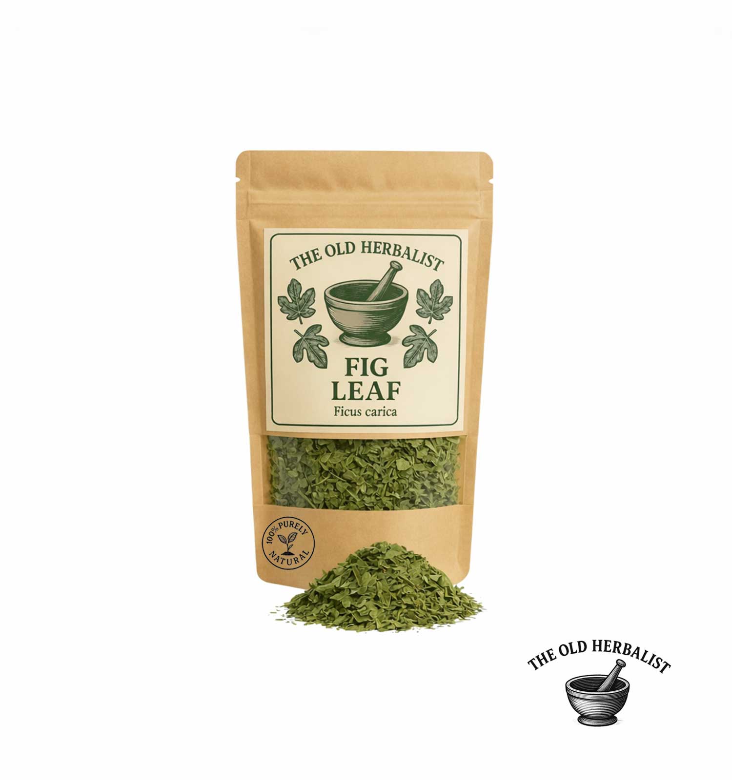 Bag of dried fig leaves with 'The Old Herbalist' branding on a white background
