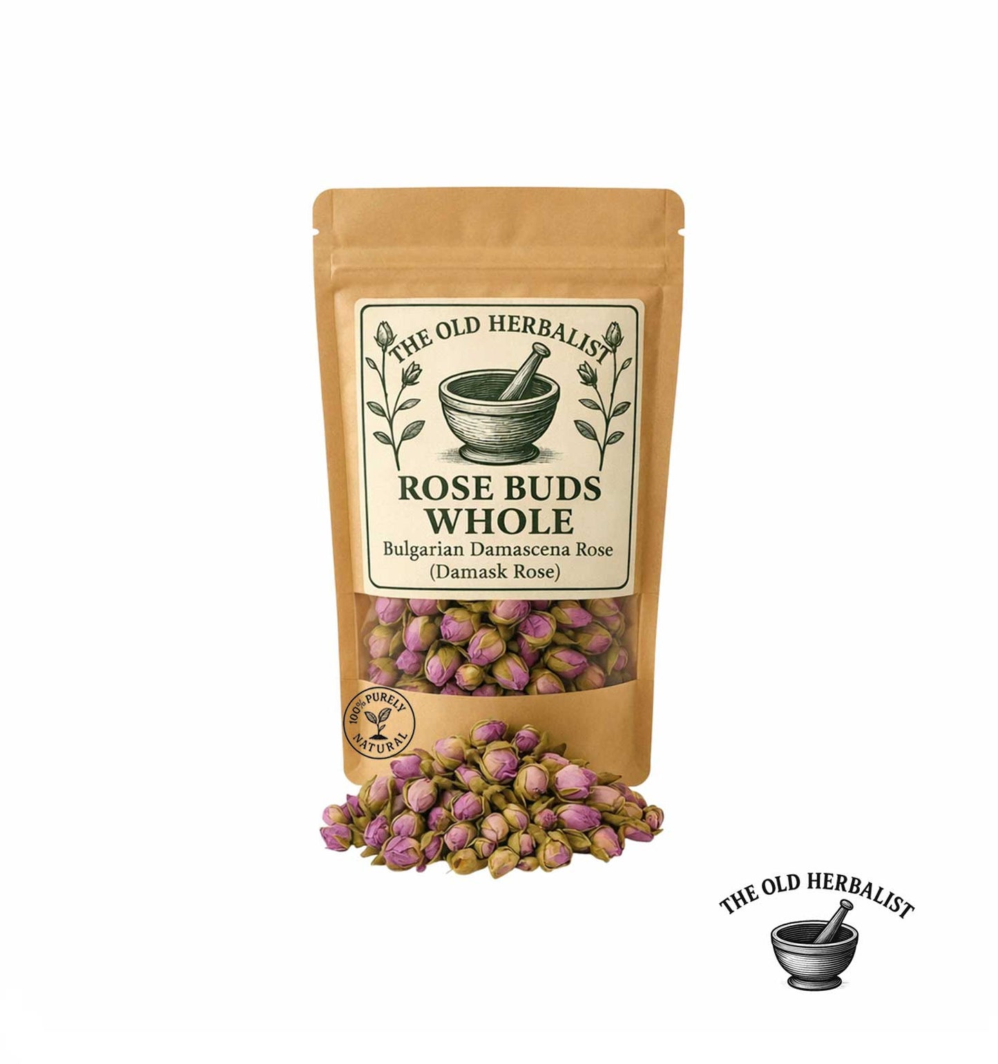 Whole dried rose buds in kraft pouch – Bulgarian Damask rose.
