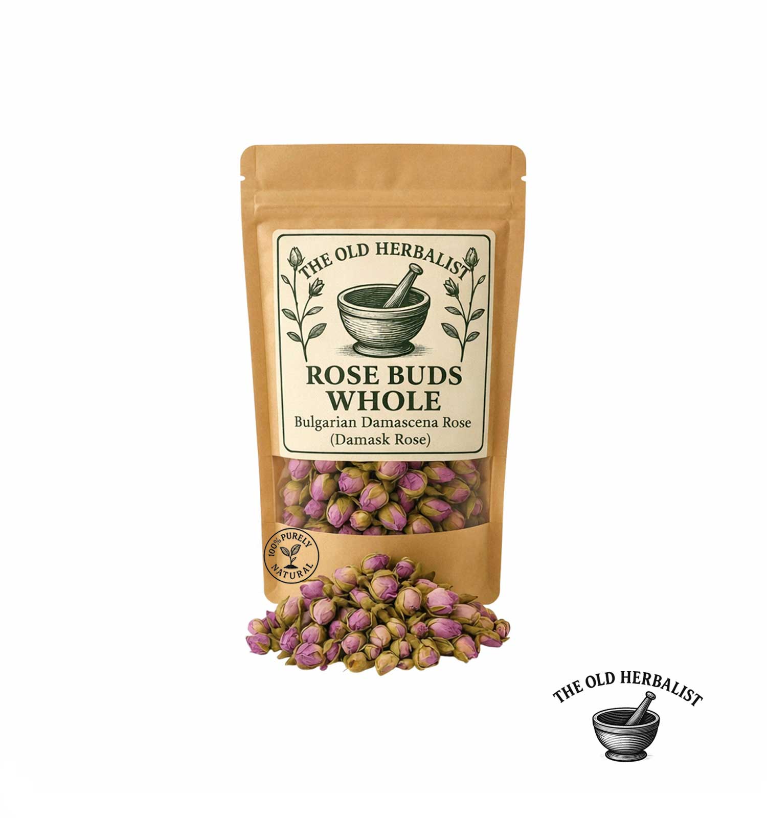 Whole dried rose buds in kraft pouch – Bulgarian Damask rose.
