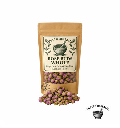 Whole dried rose buds in kraft pouch – Bulgarian Damask rose.
