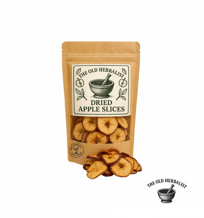 Dried apple slices in kraft pouch – natural fruit ingredient.
