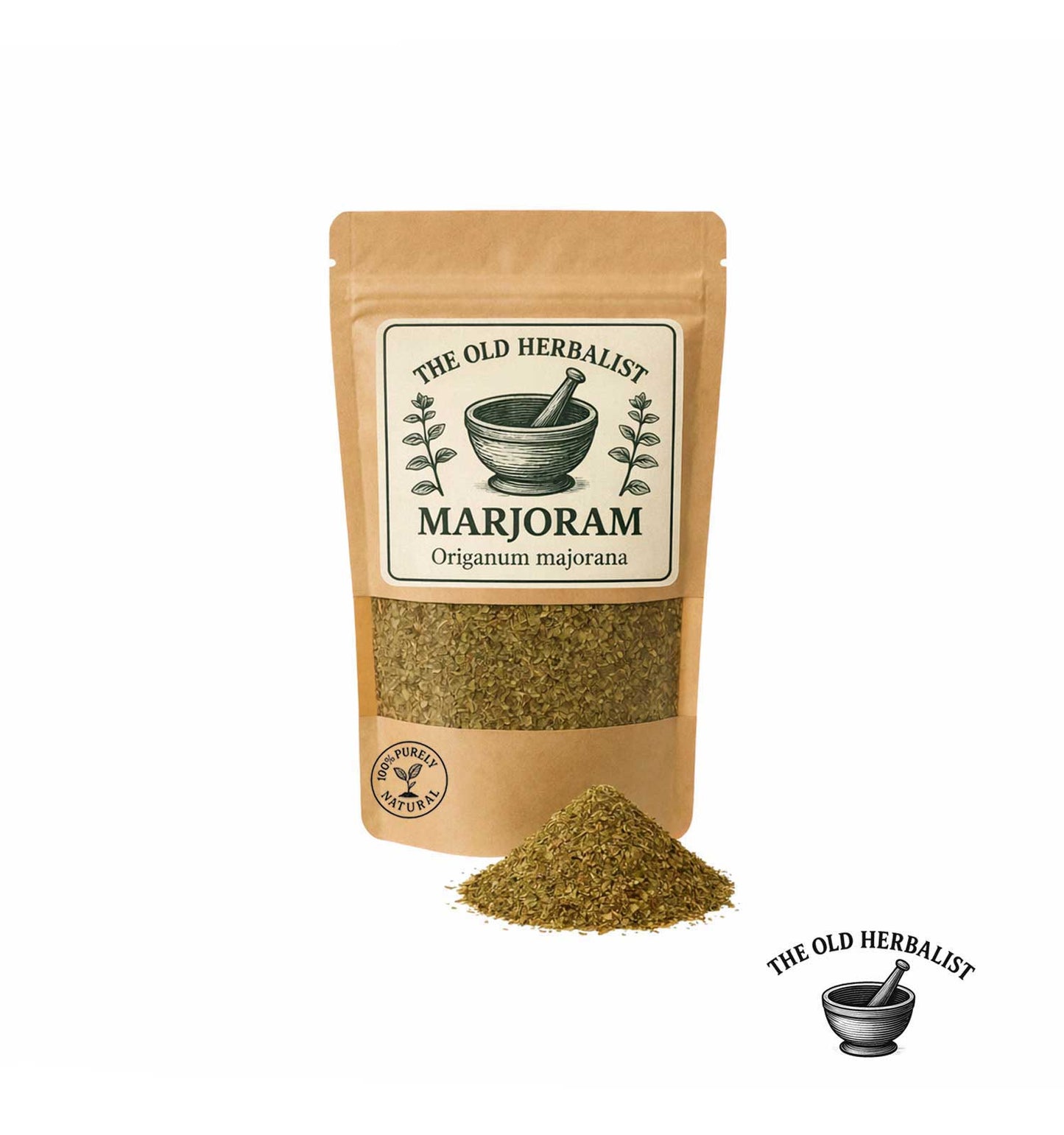Dried marjoram leaves in kraft pouch – aromatic culinary herb.
