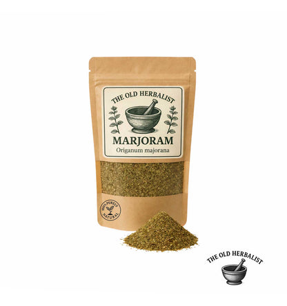 Dried marjoram leaves in kraft pouch – aromatic culinary herb.
