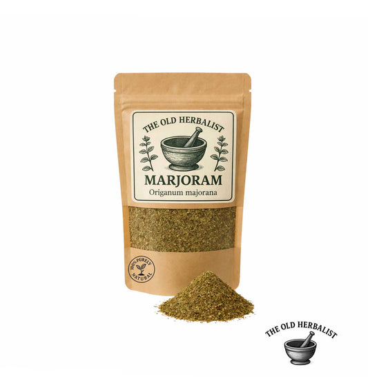 Dried marjoram leaves in kraft pouch – aromatic culinary herb.
