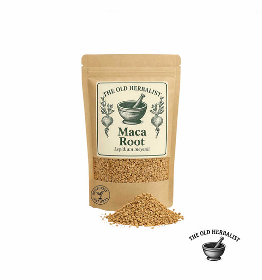 Maca root packaging with visible maca root on a white background