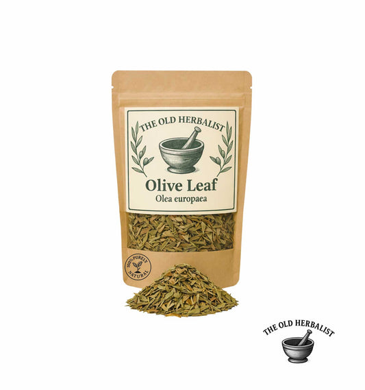 Dried olive leaves in kraft pouch – herbal tea ingredient.