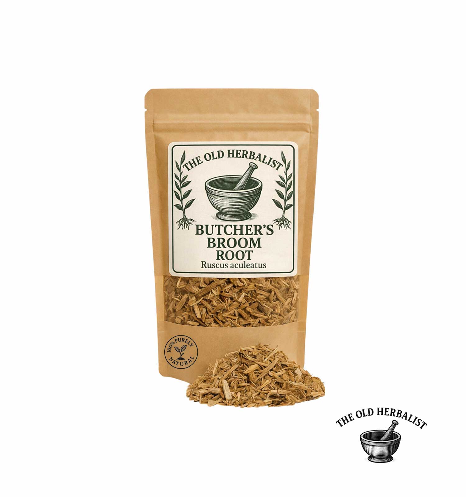 Dried butcher’s broom root in kraft pouch – herbal root.
