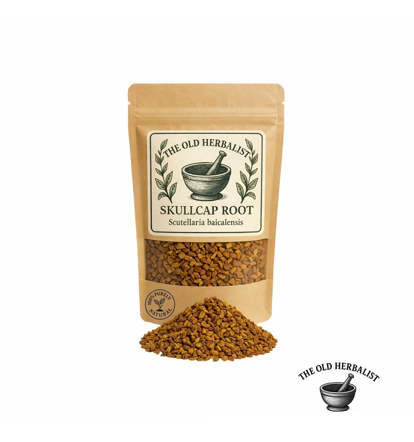 Dried Baikal skullcap root in kraft pouch – herbal root ingredient.
