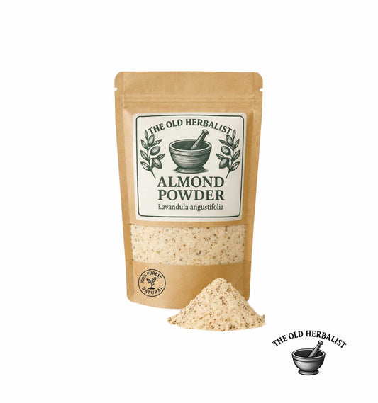 Dried almond powder in kraft pouch – natural baking ingredient.
