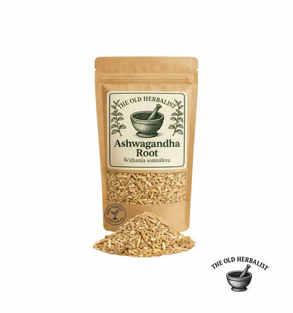 Dried ashwagandha root pieces in kraft pouch – herbal ingredient.

