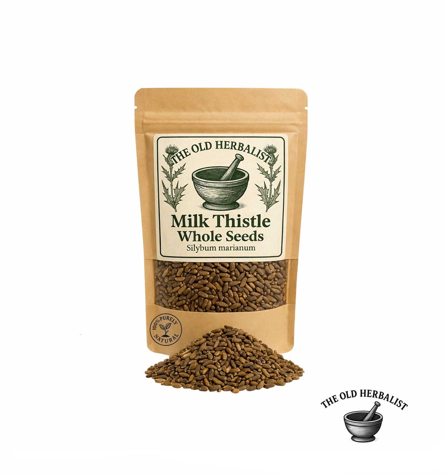 Milk thistle whole seeds in kraft pouch – herbal ingredient.