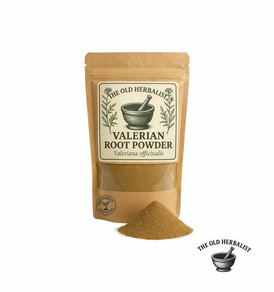 Valerian root powder in kraft pouch – herbal root powder.
