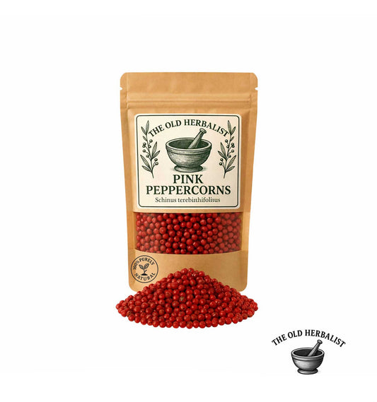 Pink peppercorns in kraft pouch – whole aromatic spice.
