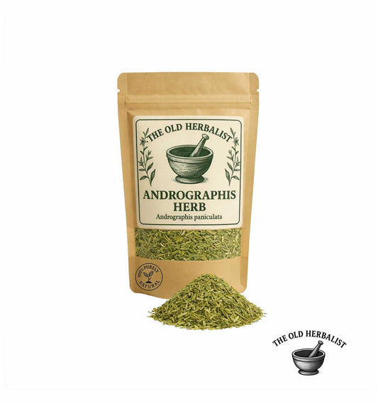Dried andrographis herb in kraft pouch – traditional herbal ingredient.
