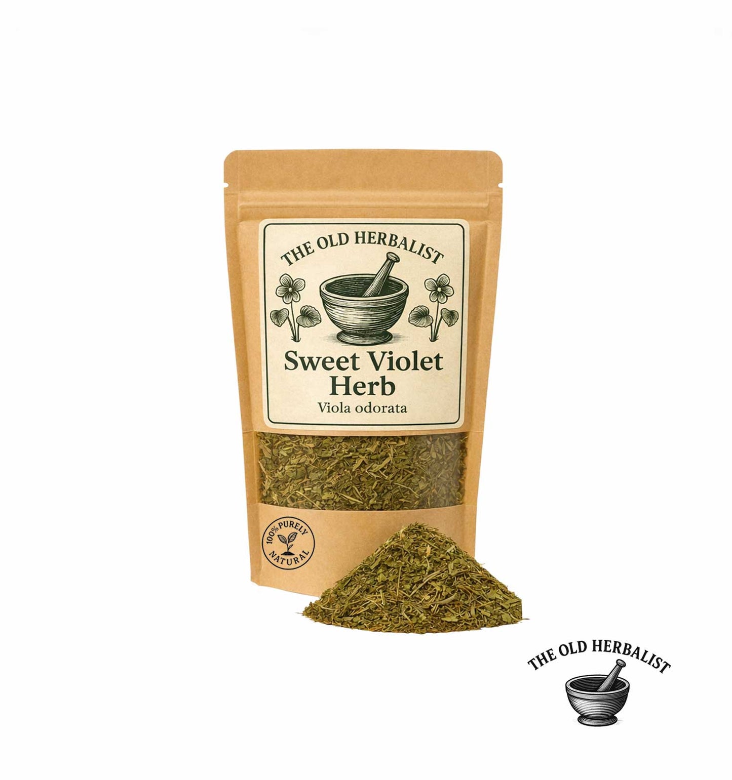 Package of 'The Old Herbalist' Sweet Violet Herb with dried herb on a white background