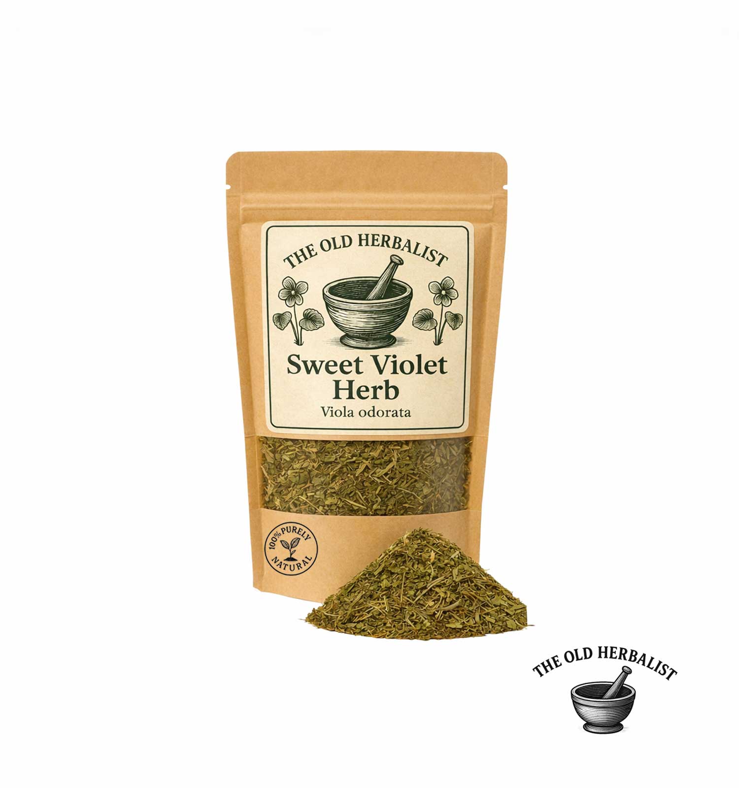 Package of 'The Old Herbalist' Sweet Violet Herb with dried herb on a white background