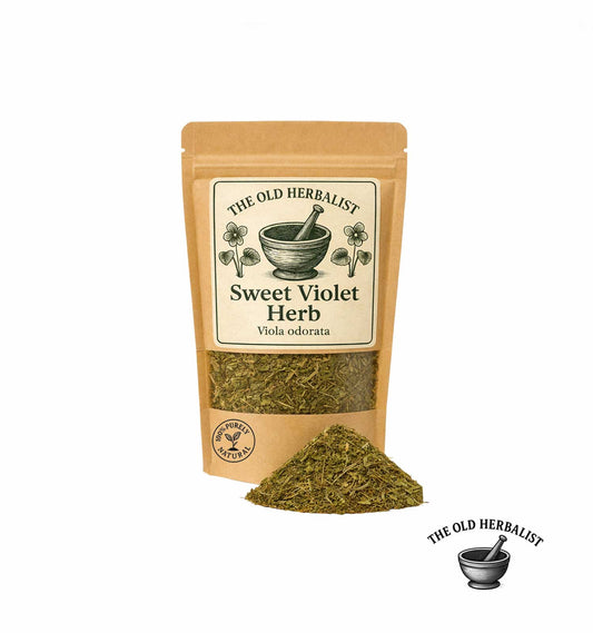 Package of 'The Old Herbalist' Sweet Violet Herb with dried herb on a white background