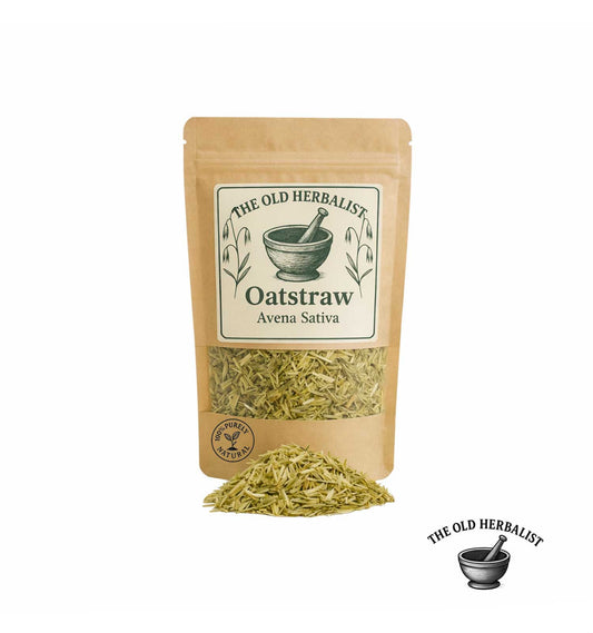 Dried oatstraw in kraft pouch – Avena sativa herbal stems.


