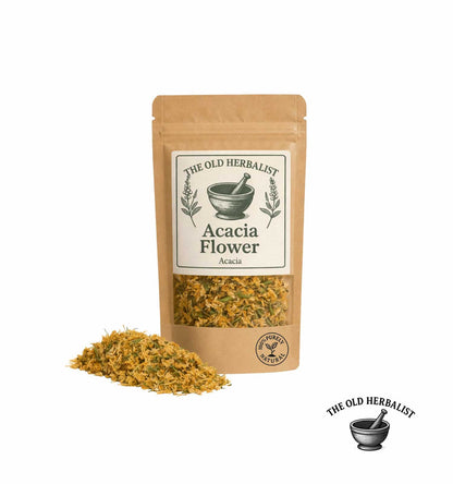 Bag of Acacia flower with 'The Old Herbalist' branding on a white background