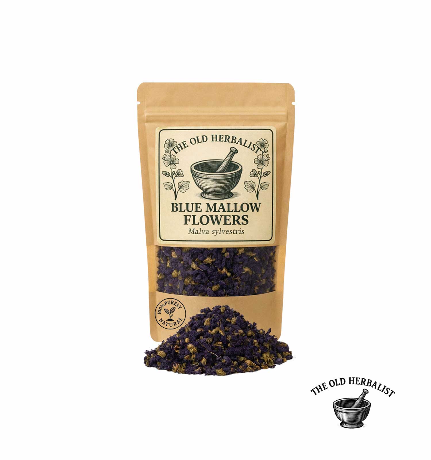 Dried blue mallow flowers in kraft pouch – herbal tea ingredient.
