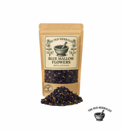 Dried blue mallow flowers in kraft pouch – herbal tea ingredient.
