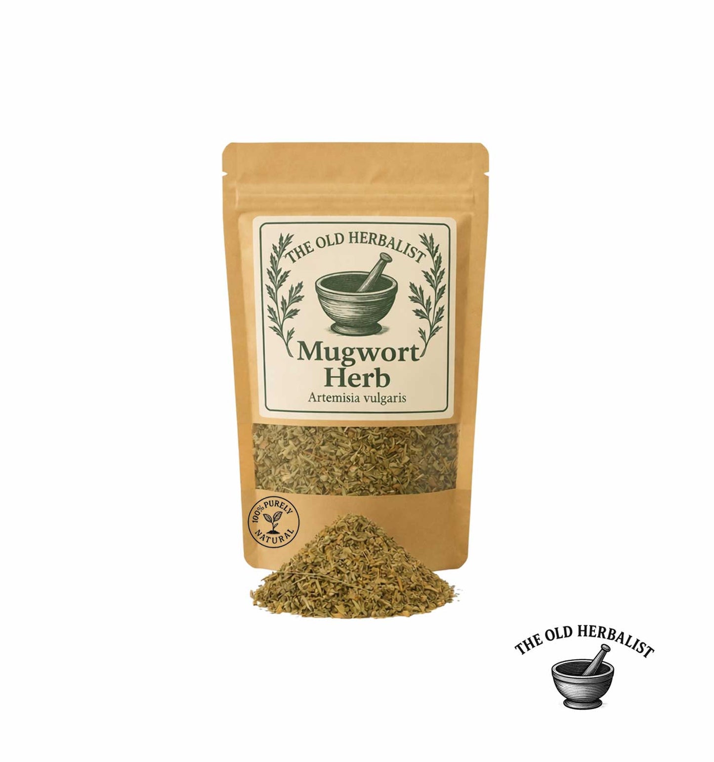 Mugwort herb packaging with visible herbs on a white background