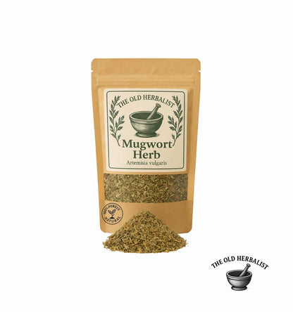 Mugwort herb packaging with visible herbs on a white background